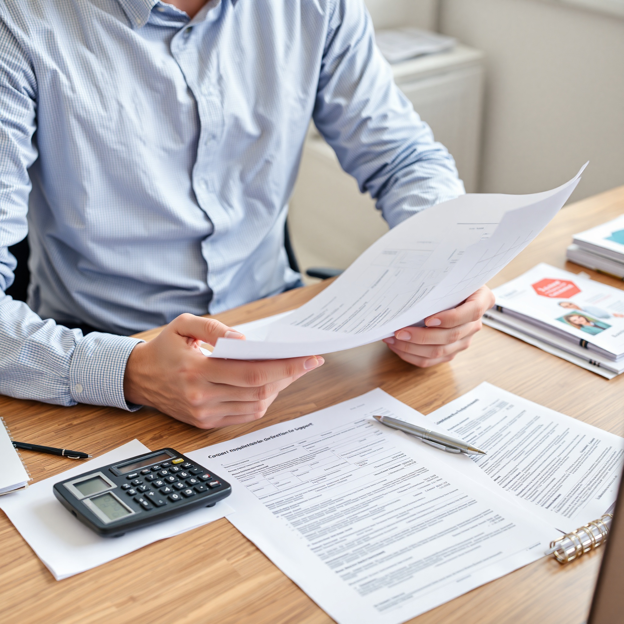 Professional workspace with documents and legal materials on desk, focused review of consumer rights paperwork