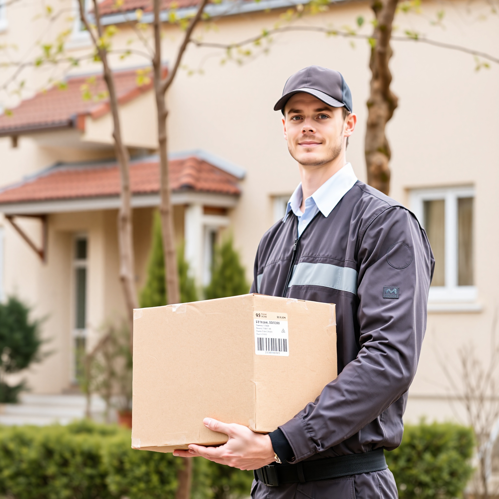 Professional photo of delivery person carefully handling package with tracking information visible