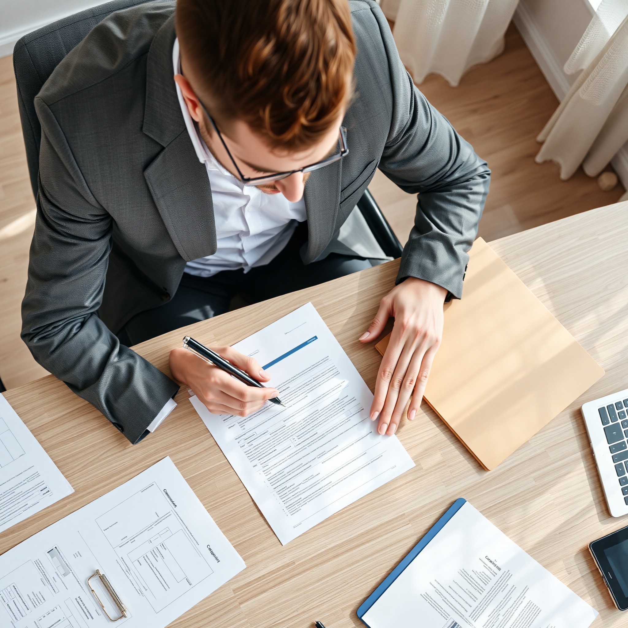 Professional photo of person filing complaint form at desk with documents