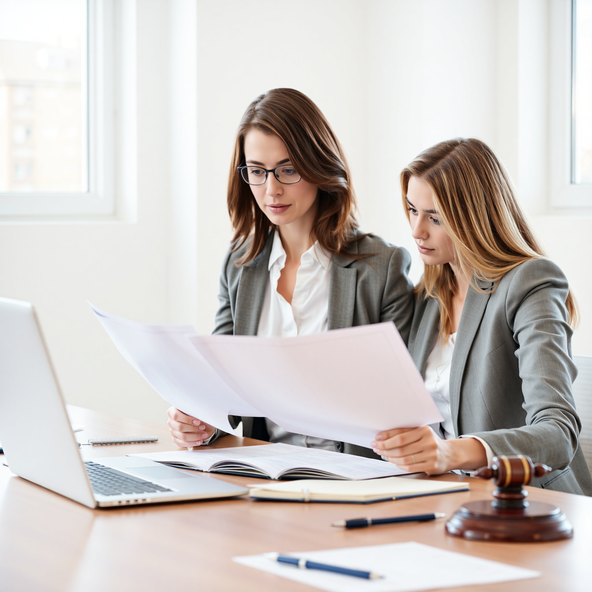 Professional photo of woman reviewing consumer rights document at desk with laptop