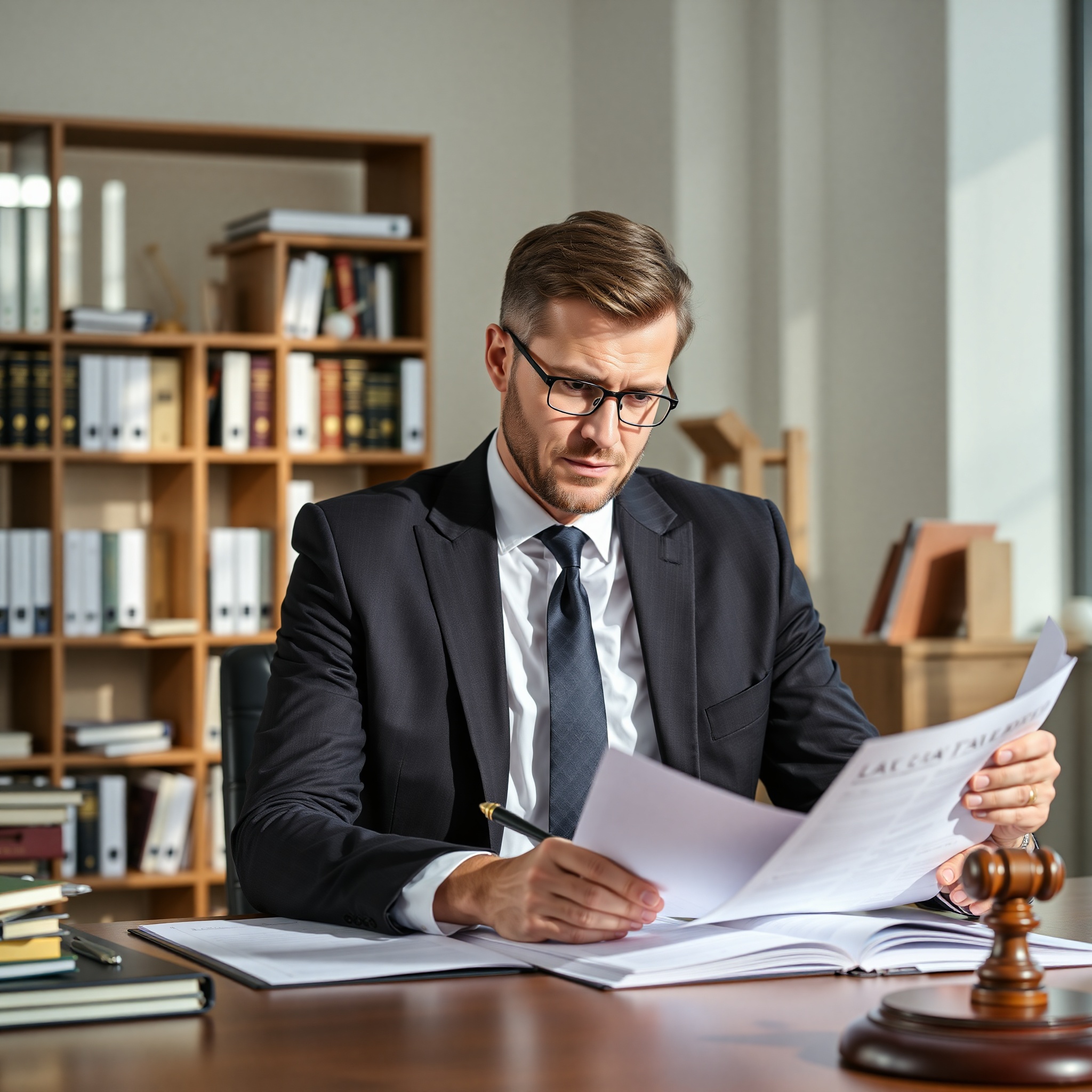 Professional lawyer reviewing consumer contract documents in modern office setting