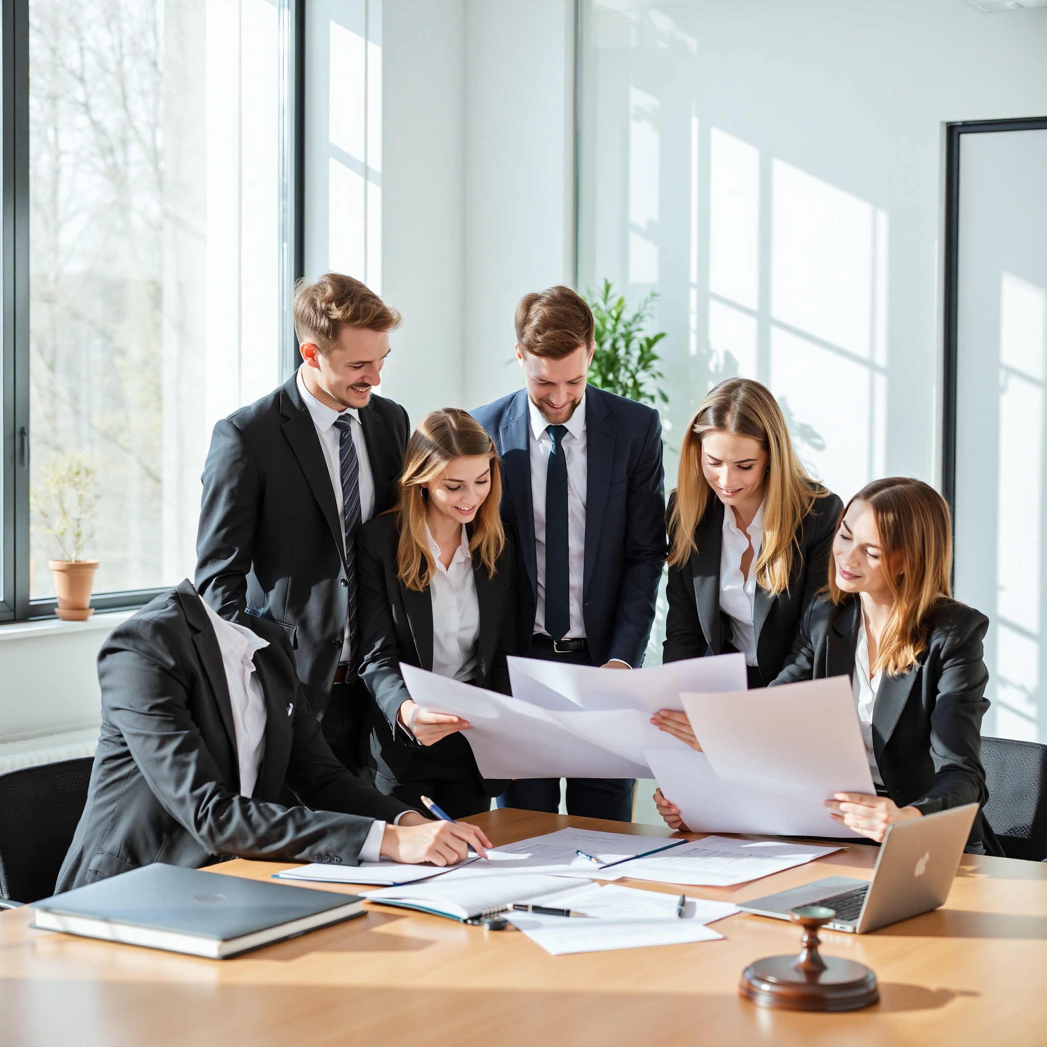 Professional legal team reviewing consumer protection documents in modern office environment with natural lighting