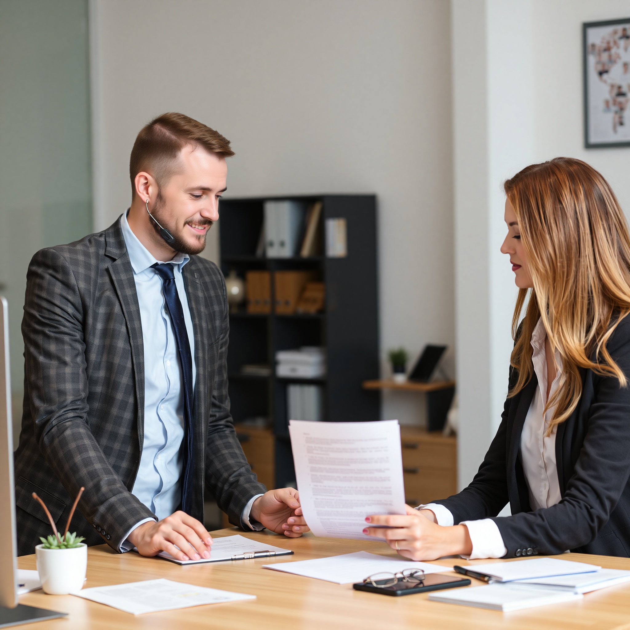 Customer service representative assisting frustrated consumer with complaint documentation