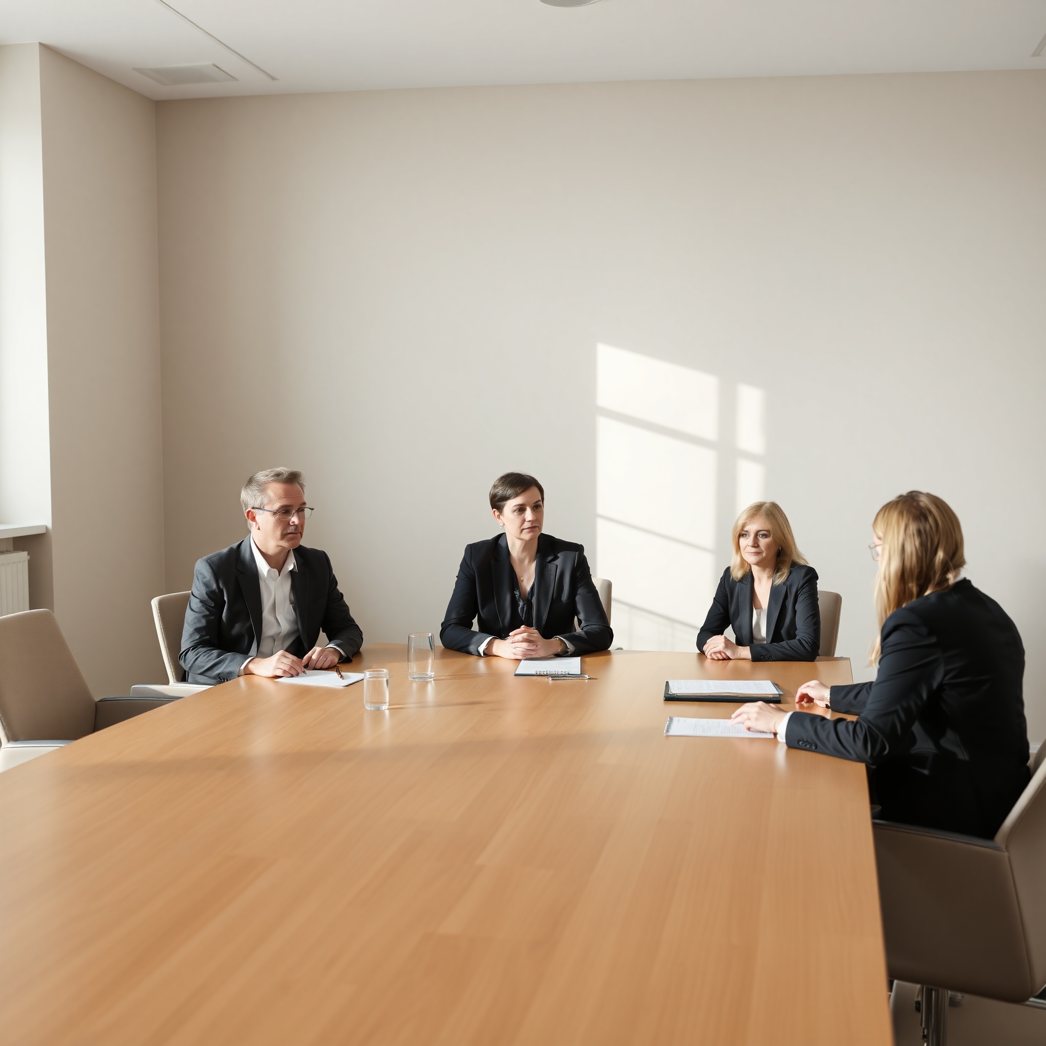 Professional mediation session with two parties and neutral mediator in formal office