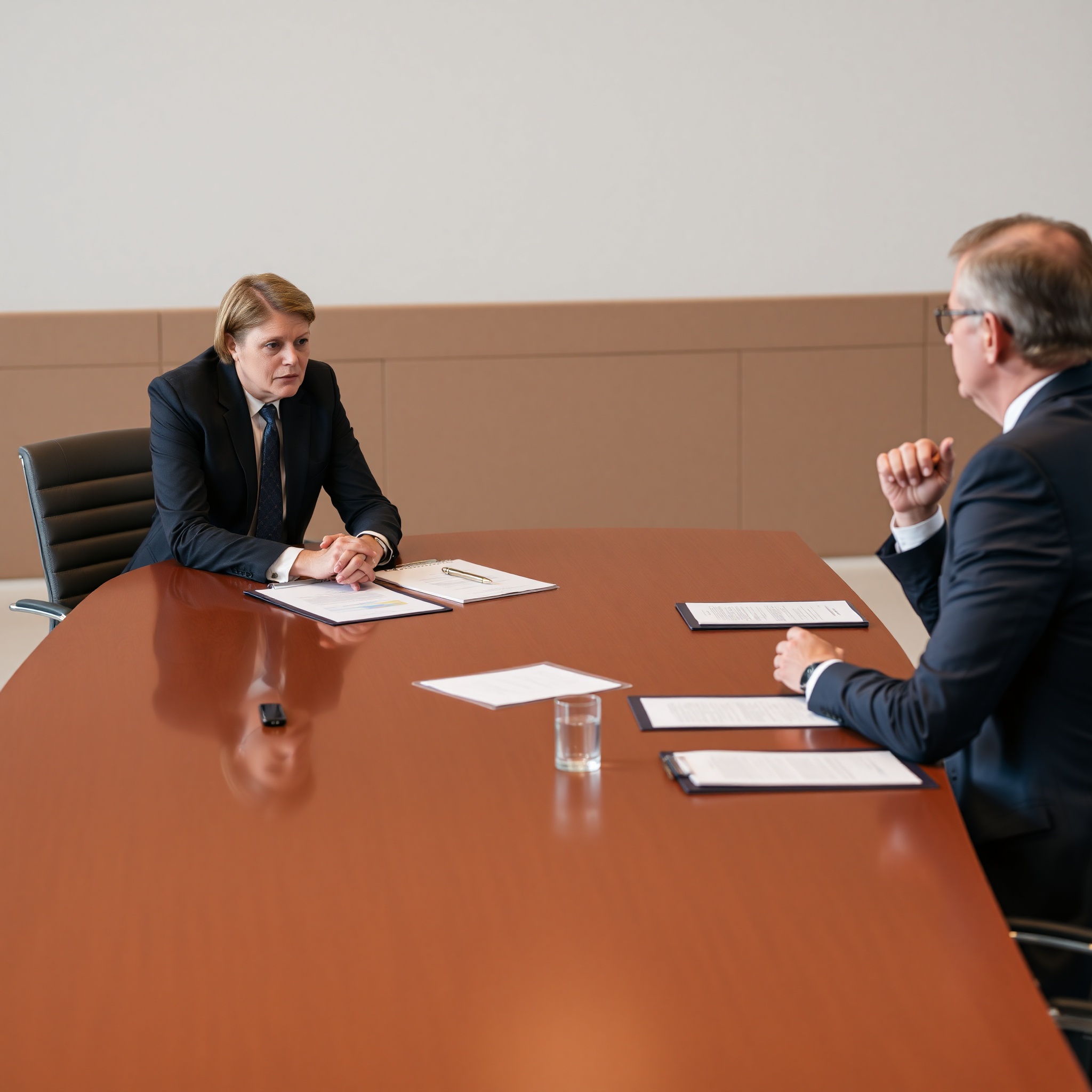 Business owner and consumer in dispute mediation session with legal mediator