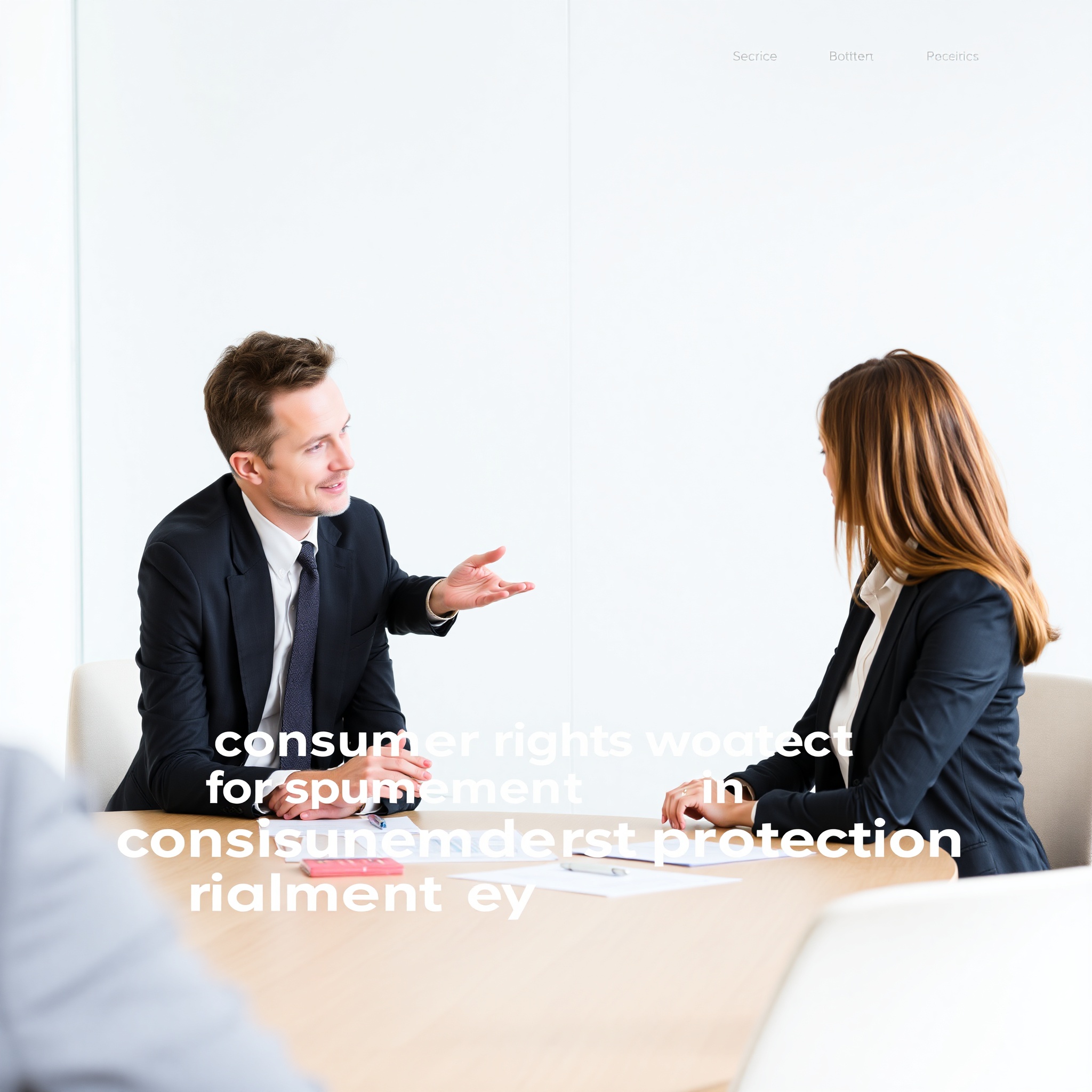 Confident consumer protection lawyer presenting strategy to satisfied client in professional office setting