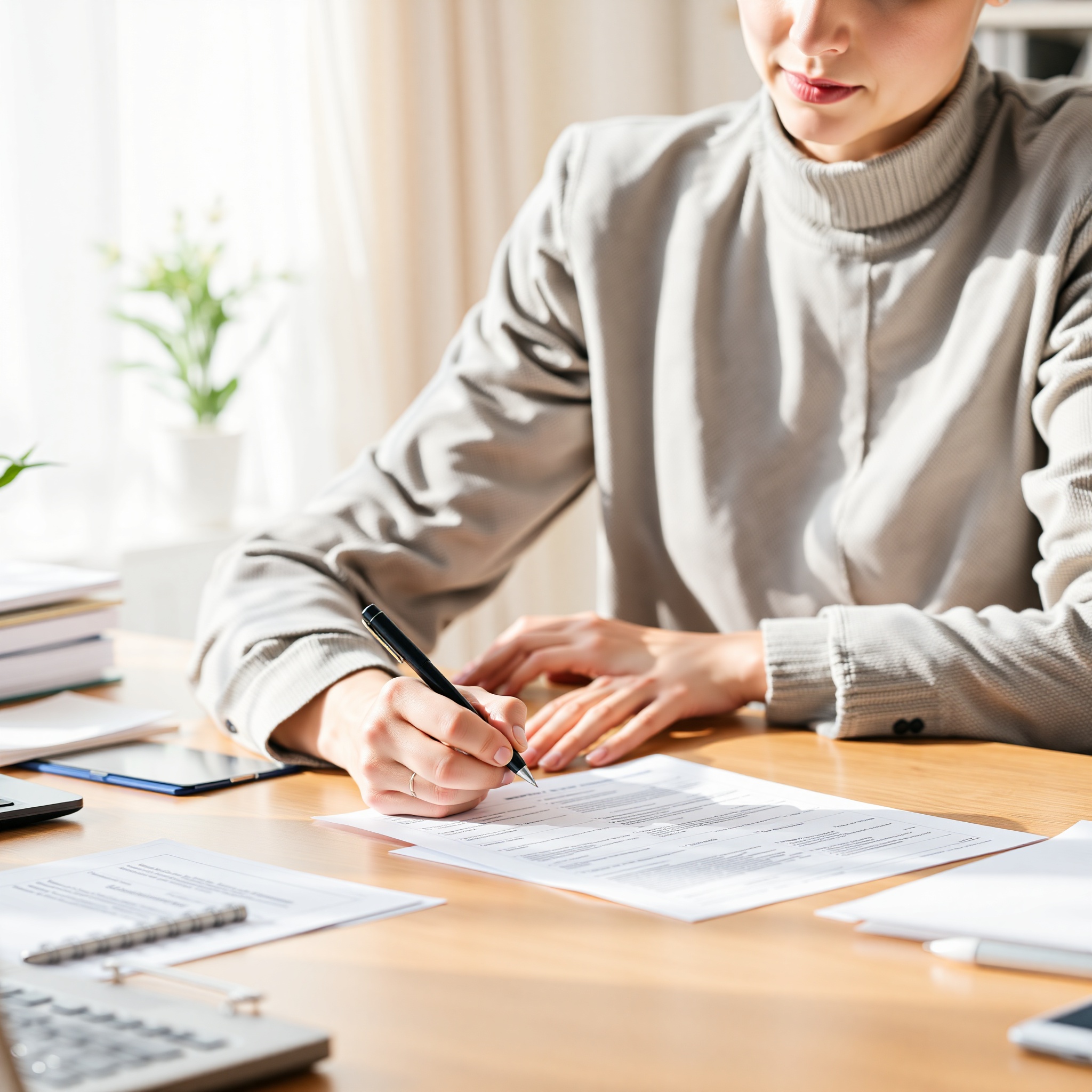 Person filling out consumer complaint form with documents and pen