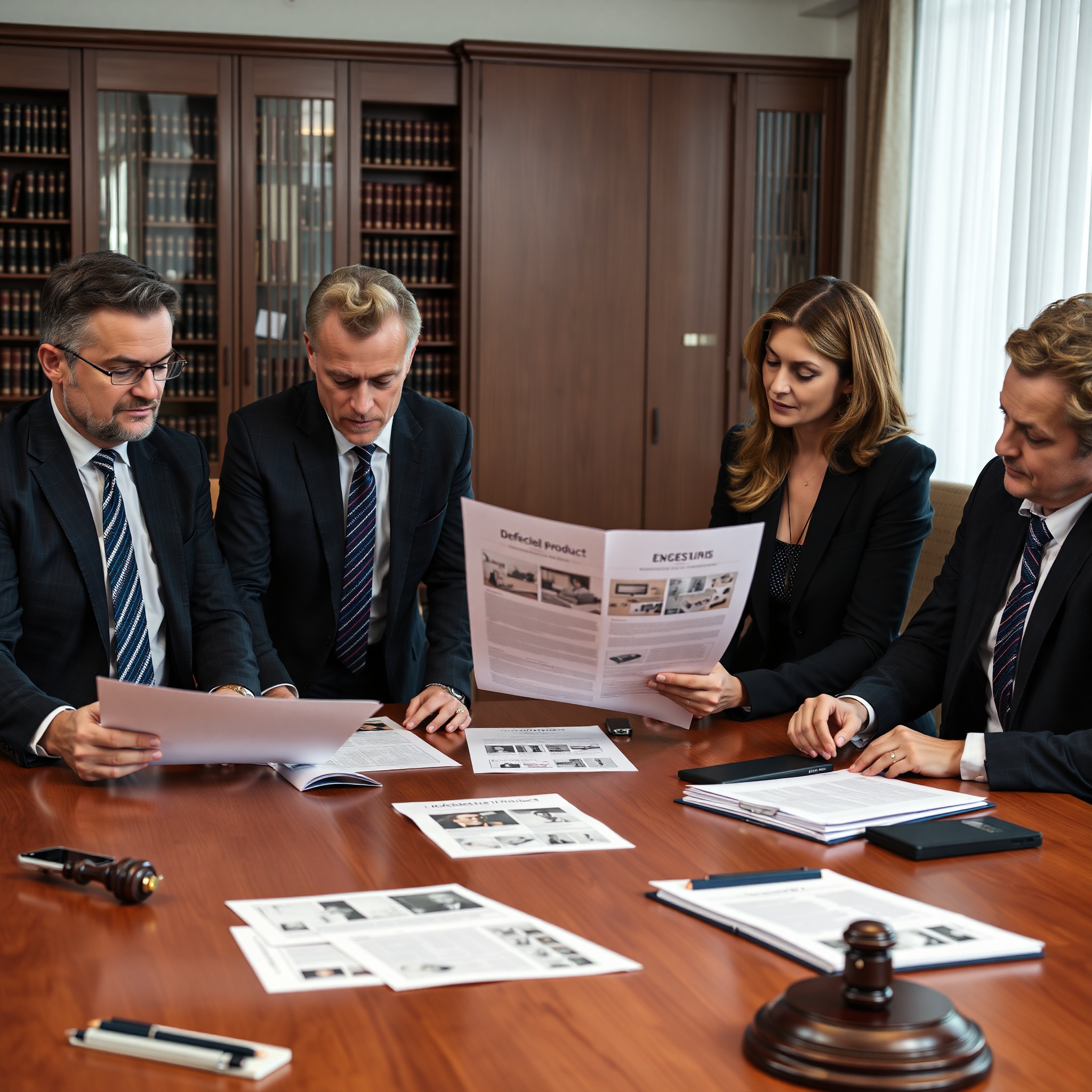Legal team reviewing product liability case with defective product evidence on table
