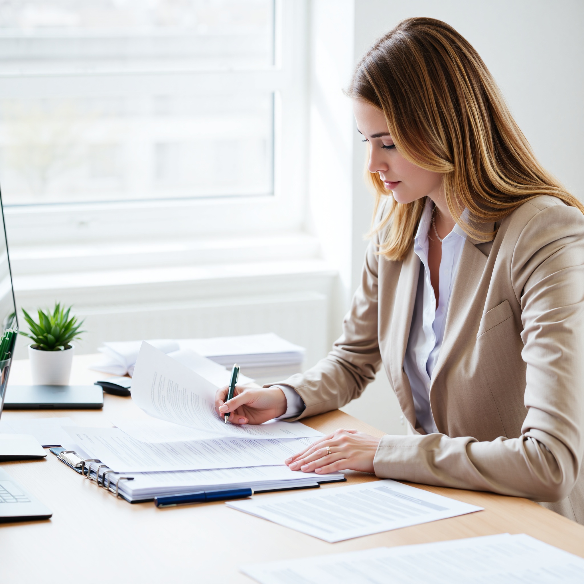 Professional photo of person filling out consumer complaint form at desk with pen and documents